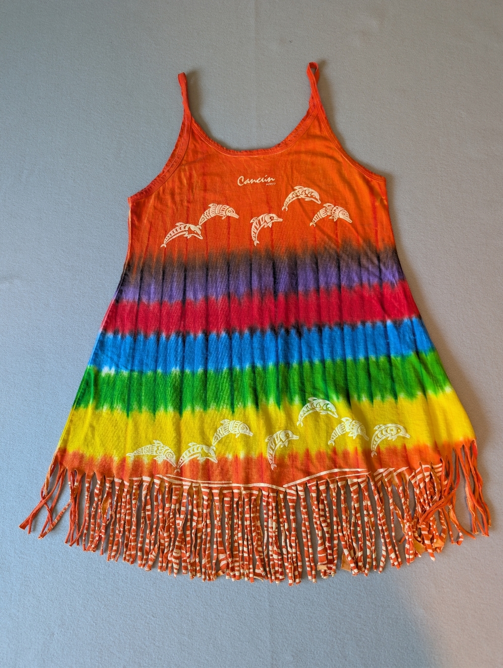 Vintage Cancun Mexico Rainbow Tie Dye Dolphin Fringe Tank Top Cover Up Festival - Picture 4 of 9